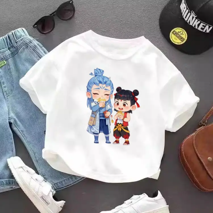Pure Cotton Nezha Cartoon T-Shirt for Kids