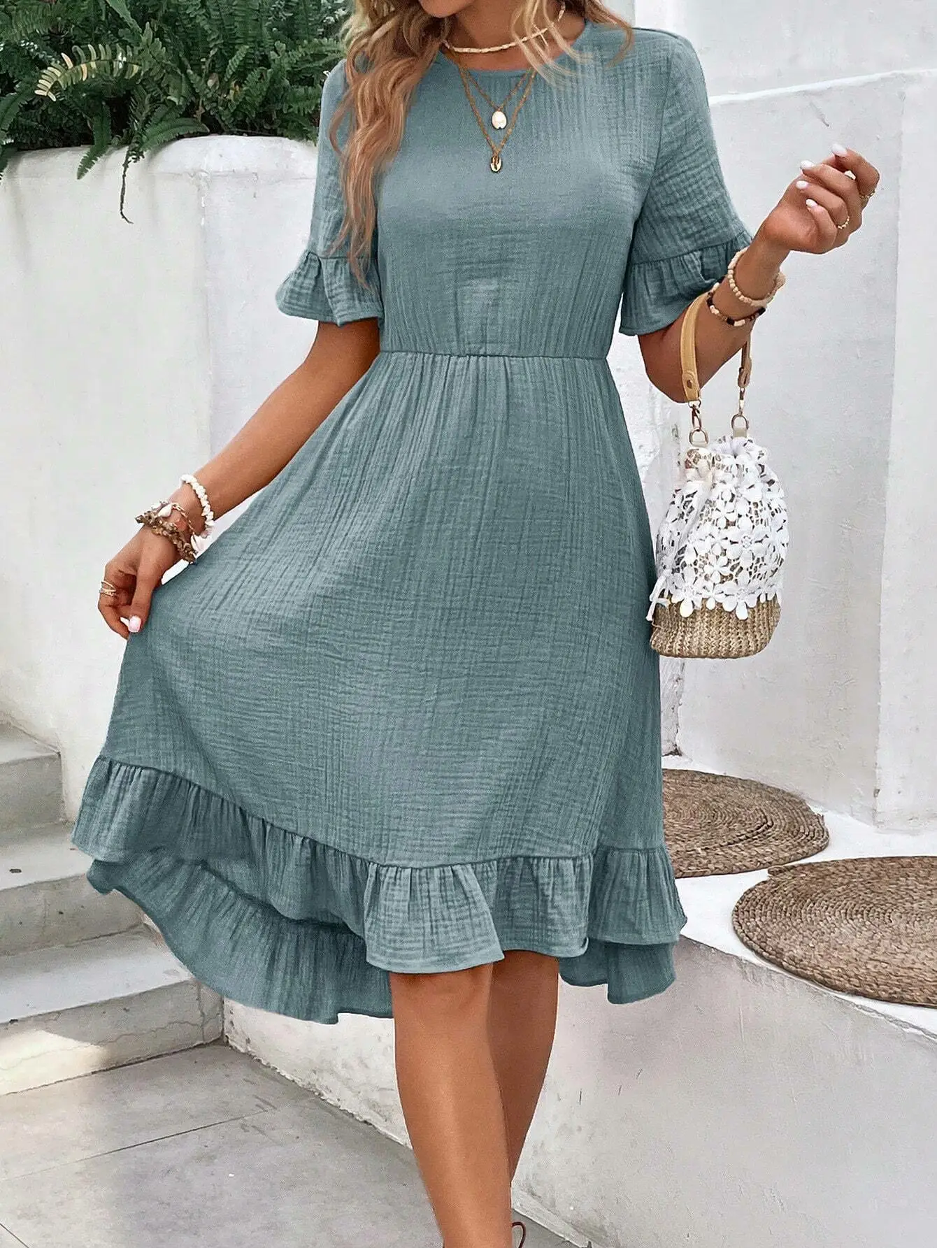 2025 Green Ruffle Dress for Women Loose Casual Summer