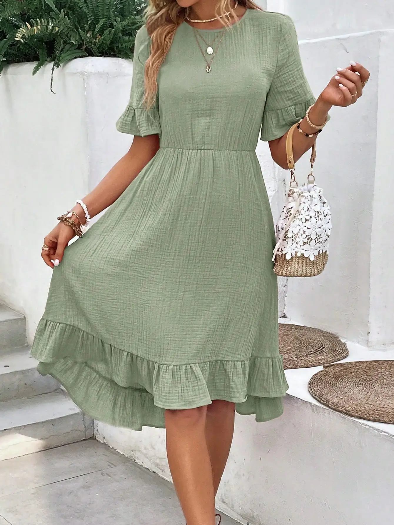 2025 Green Ruffle Dress for Women Loose Casual Summer