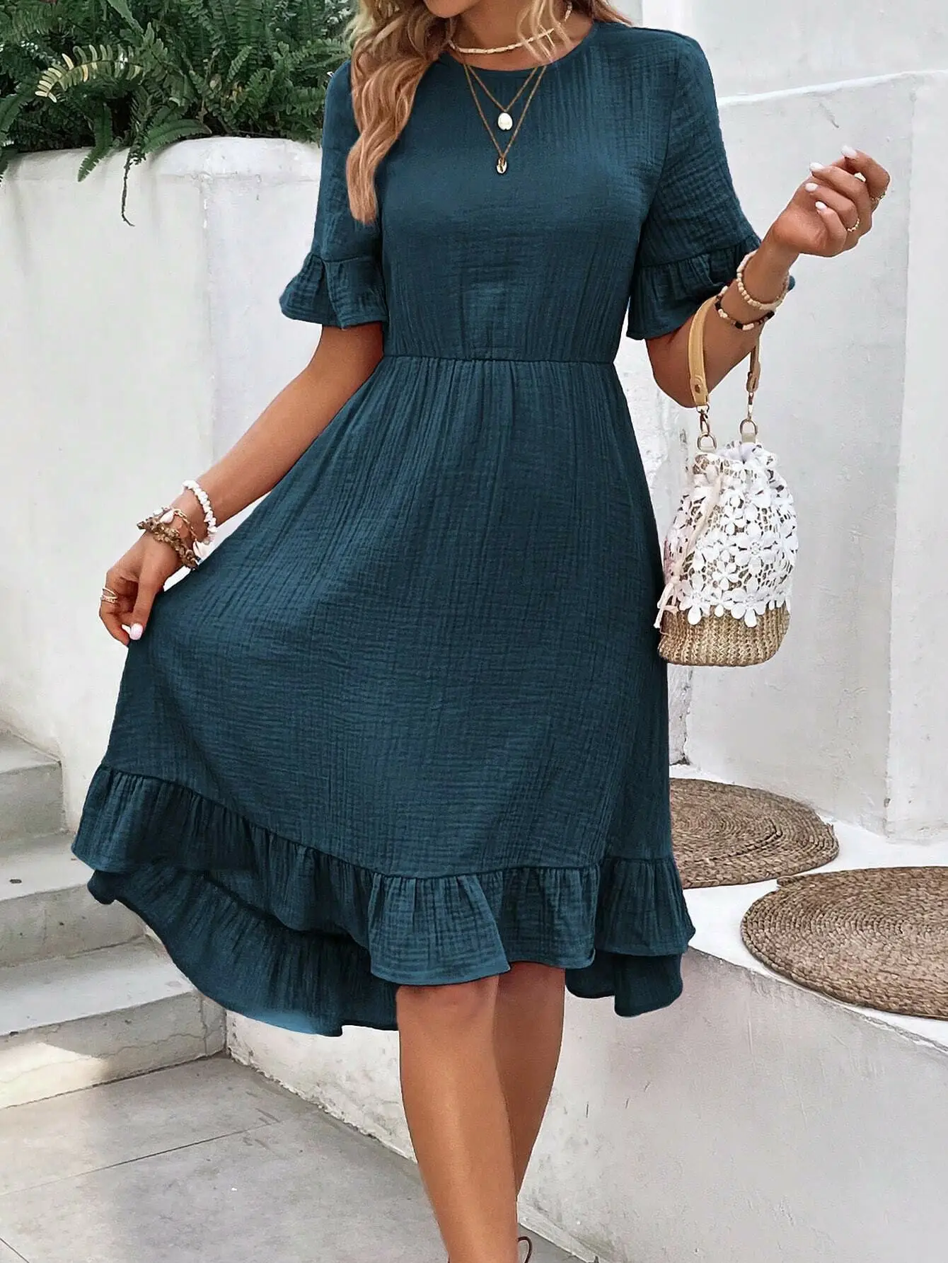 2025 Green Ruffle Dress for Women Loose Casual Summer