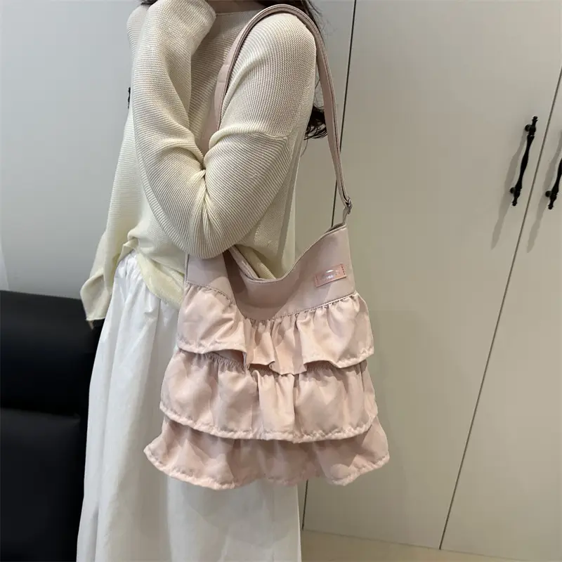 Women Ruffled Bucket Bag with Leather Shoulder Crossbody