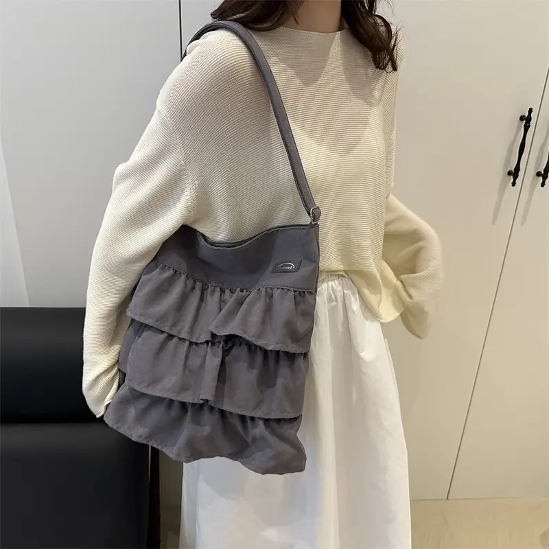 Women Ruffled Bucket Bag with Leather Shoulder Crossbody