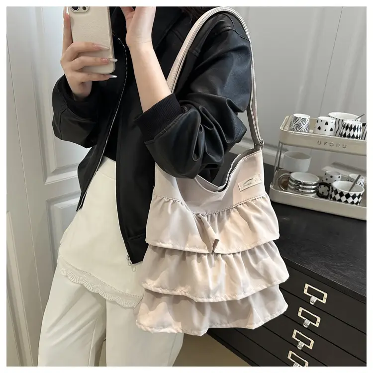 Women Ruffled Bucket Bag with Leather Shoulder Crossbody — feature 11