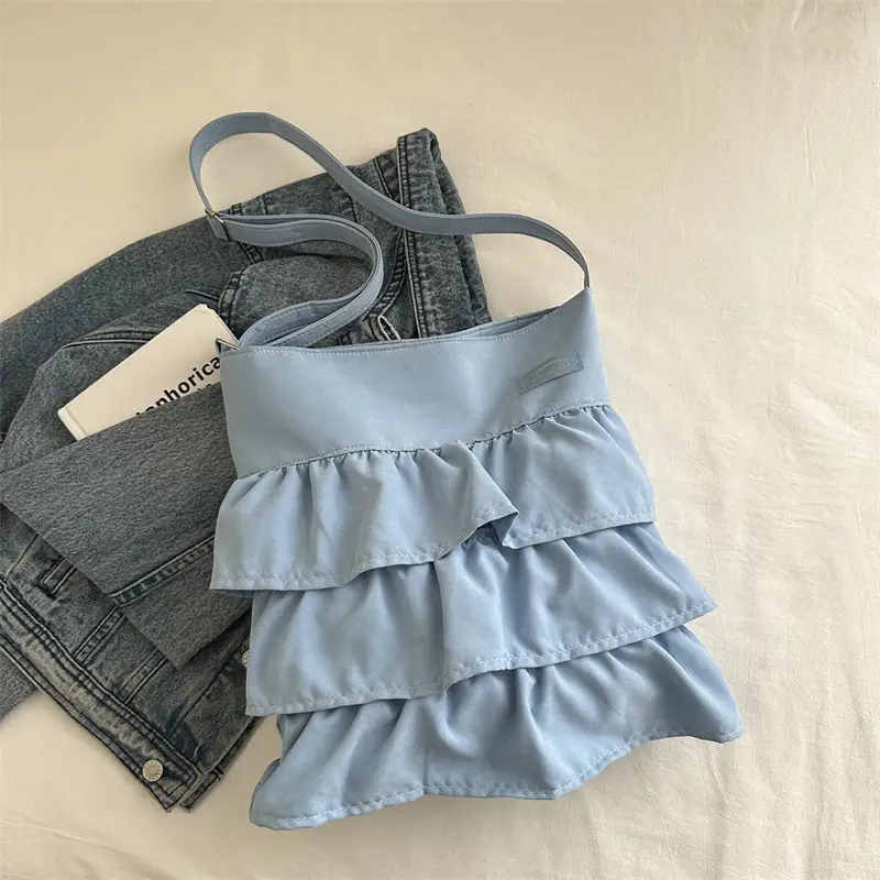 Women Ruffled Bucket Bag with Leather Shoulder Crossbody
