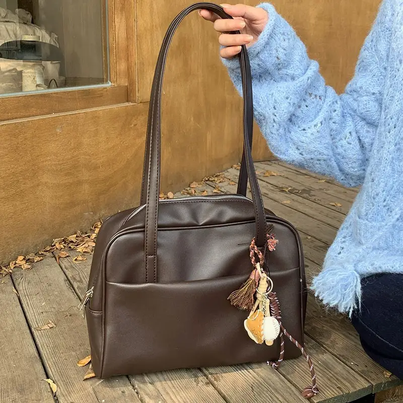 Korean Style Brown Leather Tote Bag Large Capacity Vintage Design - Image 4