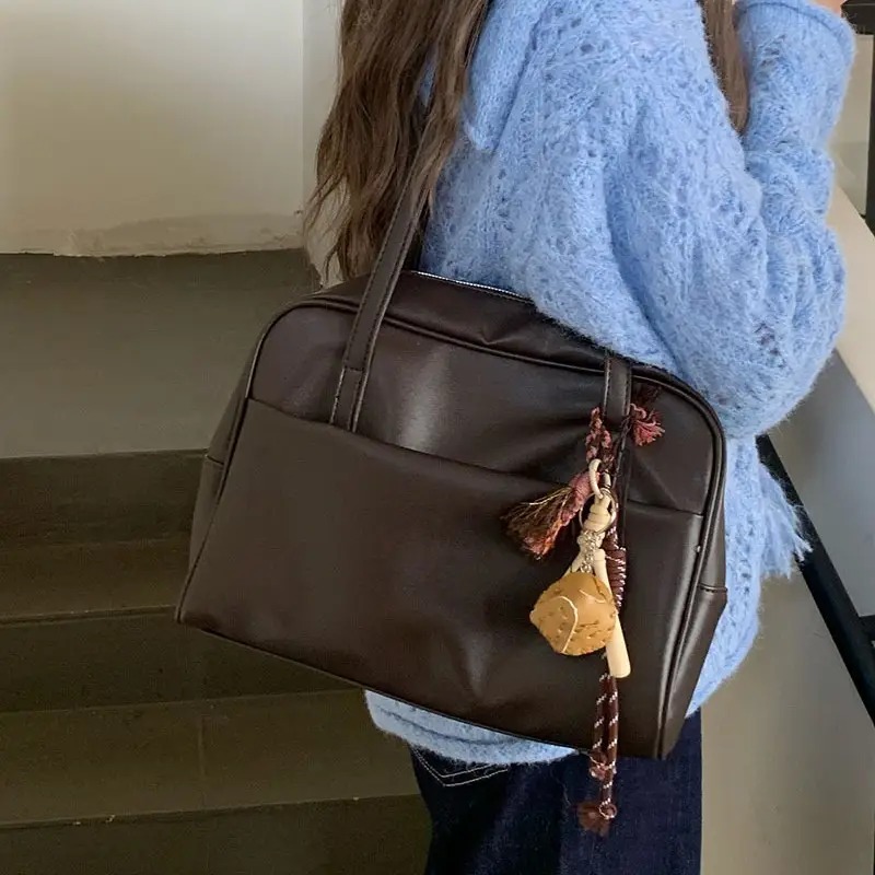Korean Style Brown Leather Tote Bag Large Capacity Vintage Design - Image 6