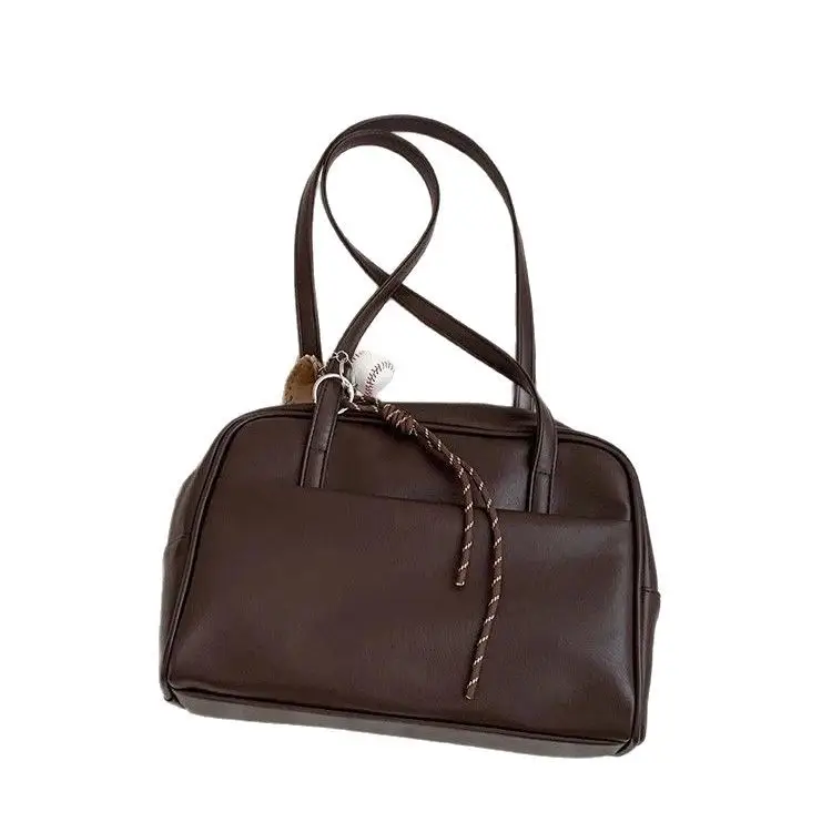 Korean Style Brown Leather Tote Bag Large Capacity Vintage Design - Image 8