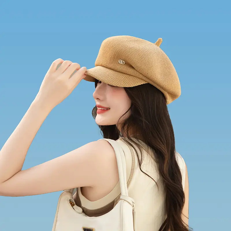 Women's Knitted Beige Cap with Bear Ears Sunshade Hat - Image 9