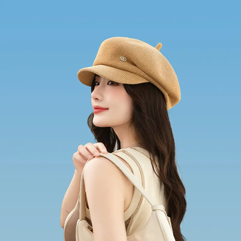 Women's Knitted Beige Cap with Bear Ears Sunshade Hat - Image 11