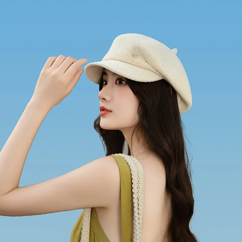 Women's Knitted Beige Cap with Bear Ears Sunshade Hat - Image 12