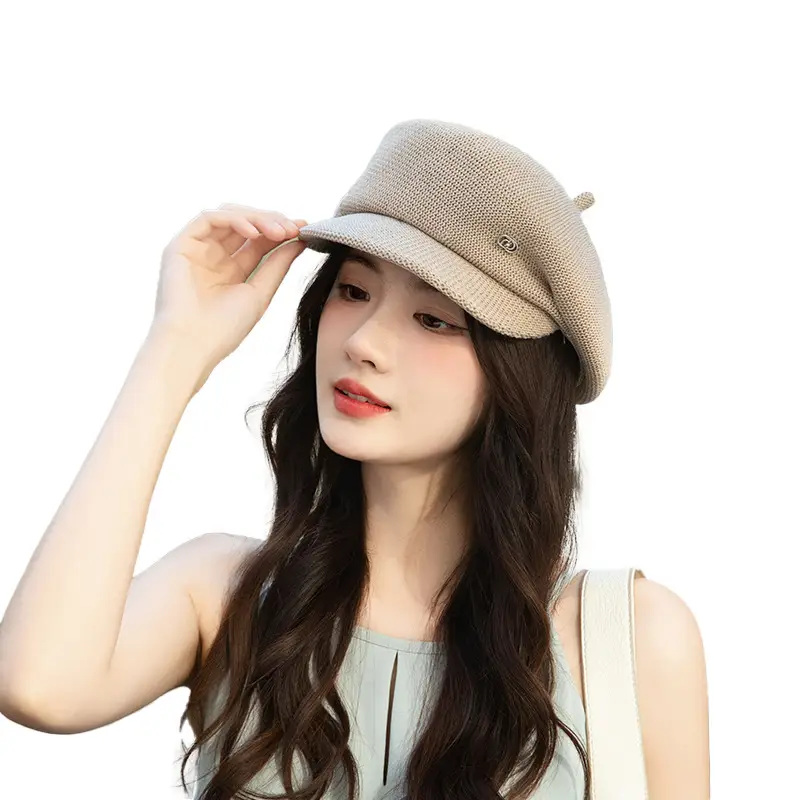 Women's Knitted Beige Cap with Bear Ears Sunshade Hat - Image 13