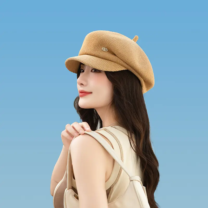 Women's Knitted Beige Cap with Bear Ears Sunshade Hat - Image 3