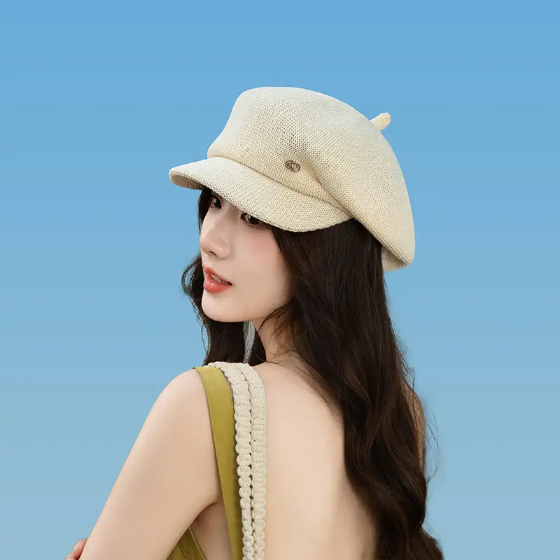 Women's Knitted Beige Cap with Bear Ears Sunshade Hat - Image 5