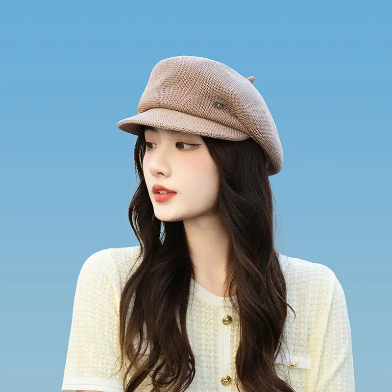 Women's Knitted Beige Cap with Bear Ears Sunshade Hat - Image 6