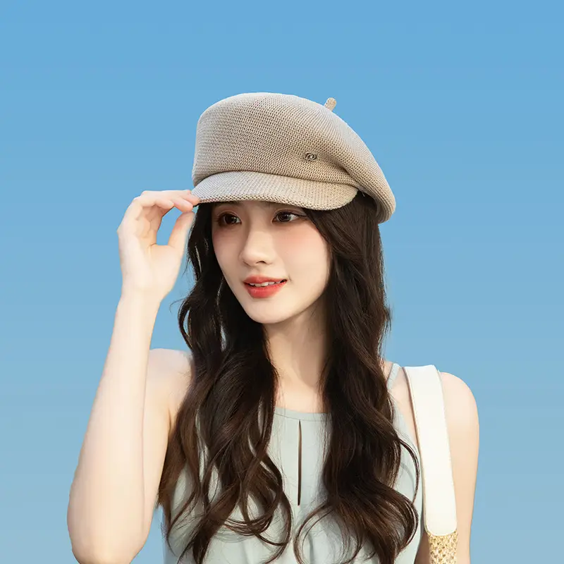 Women's Knitted Beige Cap with Bear Ears Sunshade Hat - Image 7
