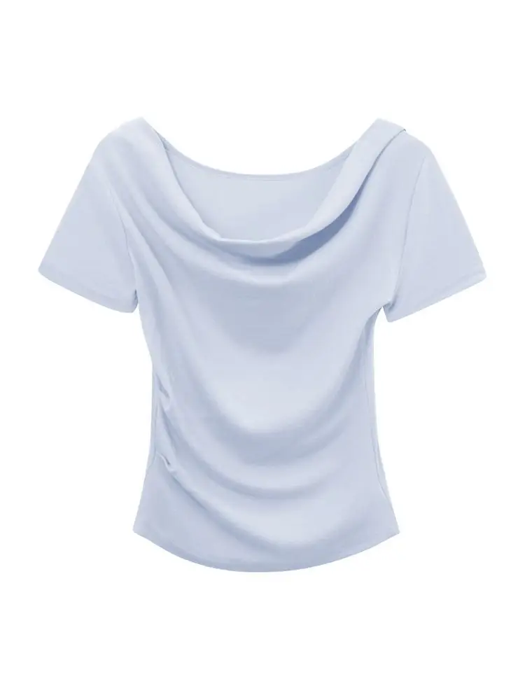French Style Swing Collar off-shoulder Acetic Acid Top Women's Summer New Silk Short-sleeved T-shirt Pleated Waist Elegant Small Shirt
