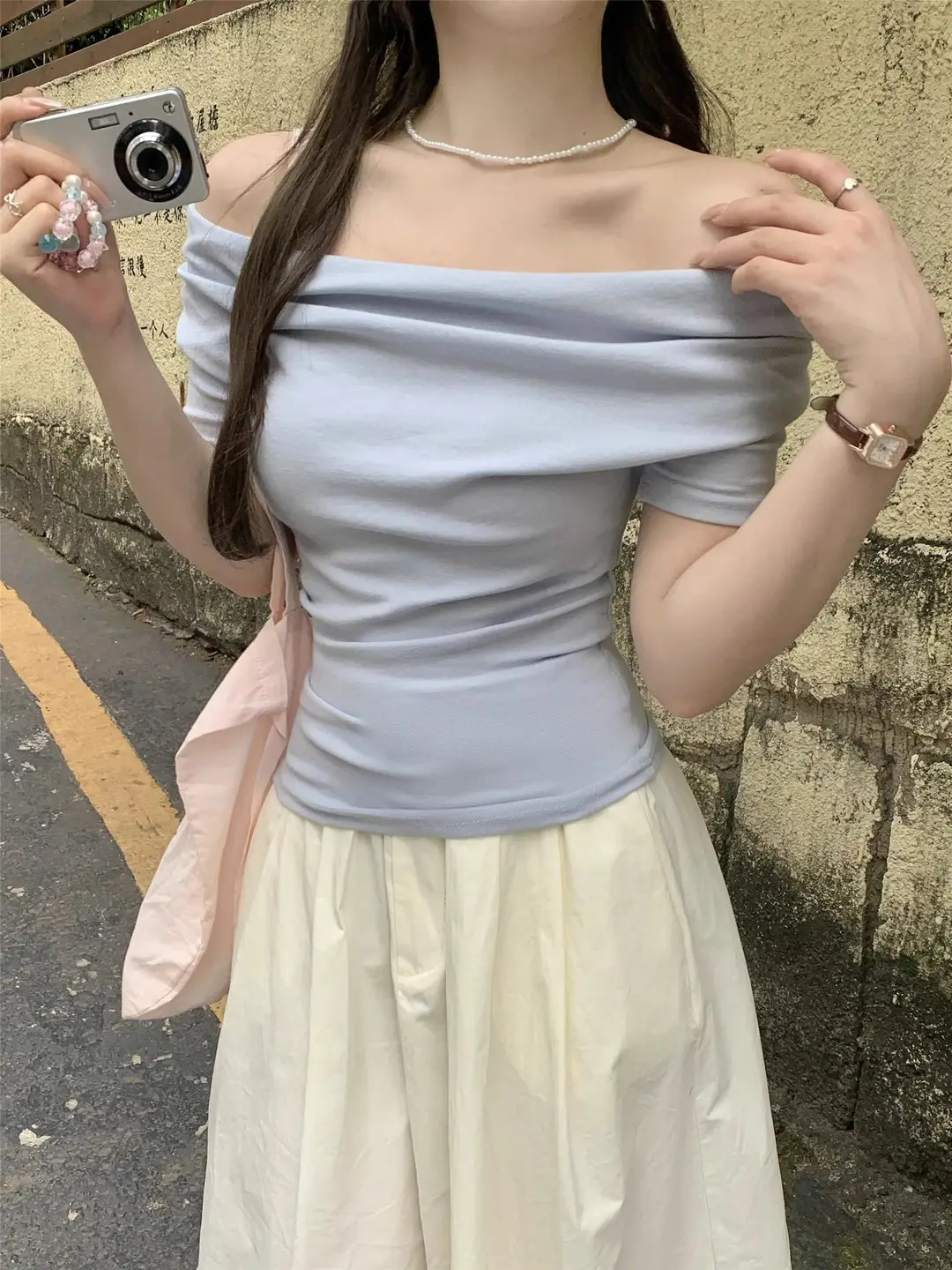 French Style Swing Collar off-shoulder Acetic Acid Top Women's Summer New Silk Short-sleeved T-shirt Pleated Waist Elegant Small Shirt — feature 11