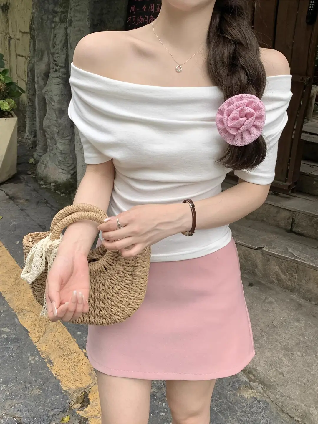 French Style Swing Collar off-shoulder Acetic Acid Top Women's Summer New Silk Short-sleeved T-shirt Pleated Waist Elegant Small Shirt — feature 19