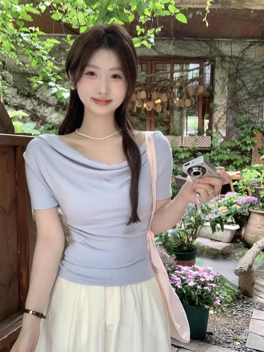 French Style Swing Collar off-shoulder Acetic Acid Top Women's Summer New Silk Short-sleeved T-shirt Pleated Waist Elegant Small Shirt — feature 2