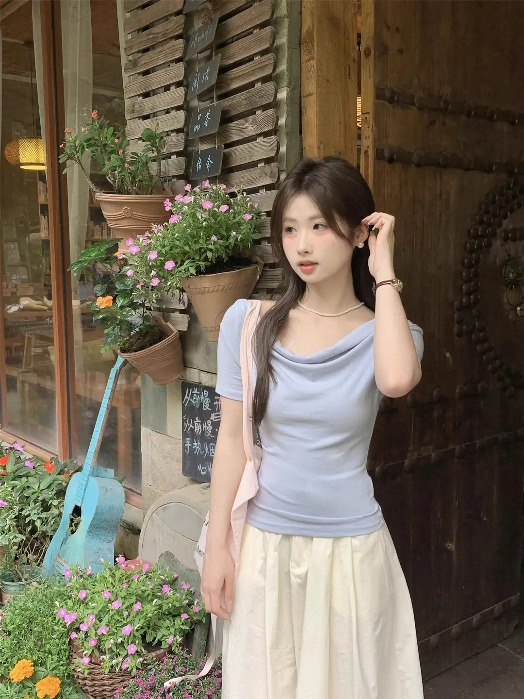 French Style Swing Collar off-shoulder Acetic Acid Top Women's Summer New Silk Short-sleeved T-shirt Pleated Waist Elegant Small Shirt — feature 6