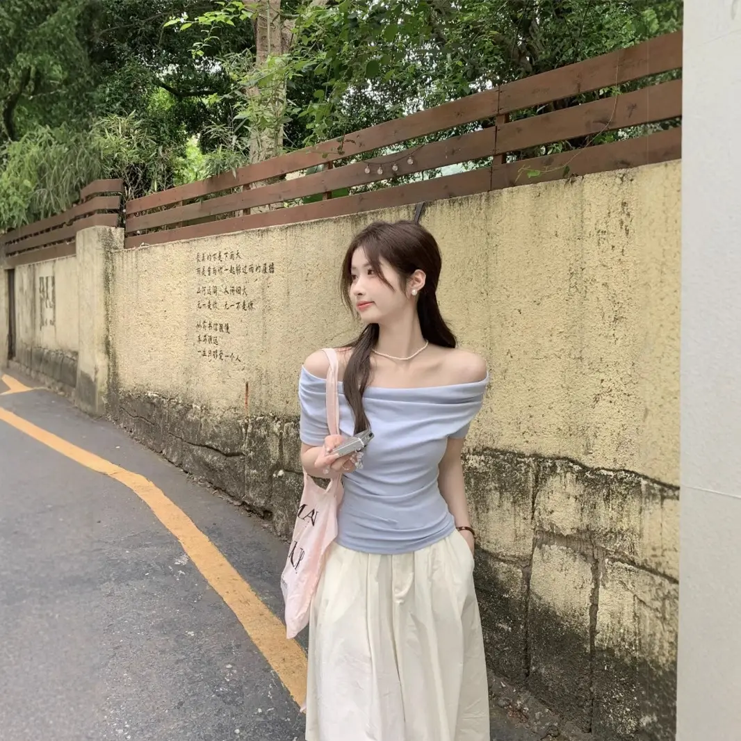 French Style Swing Collar off-shoulder Acetic Acid Top Women's Summer New Silk Short-sleeved T-shirt Pleated Waist Elegant Small Shirt