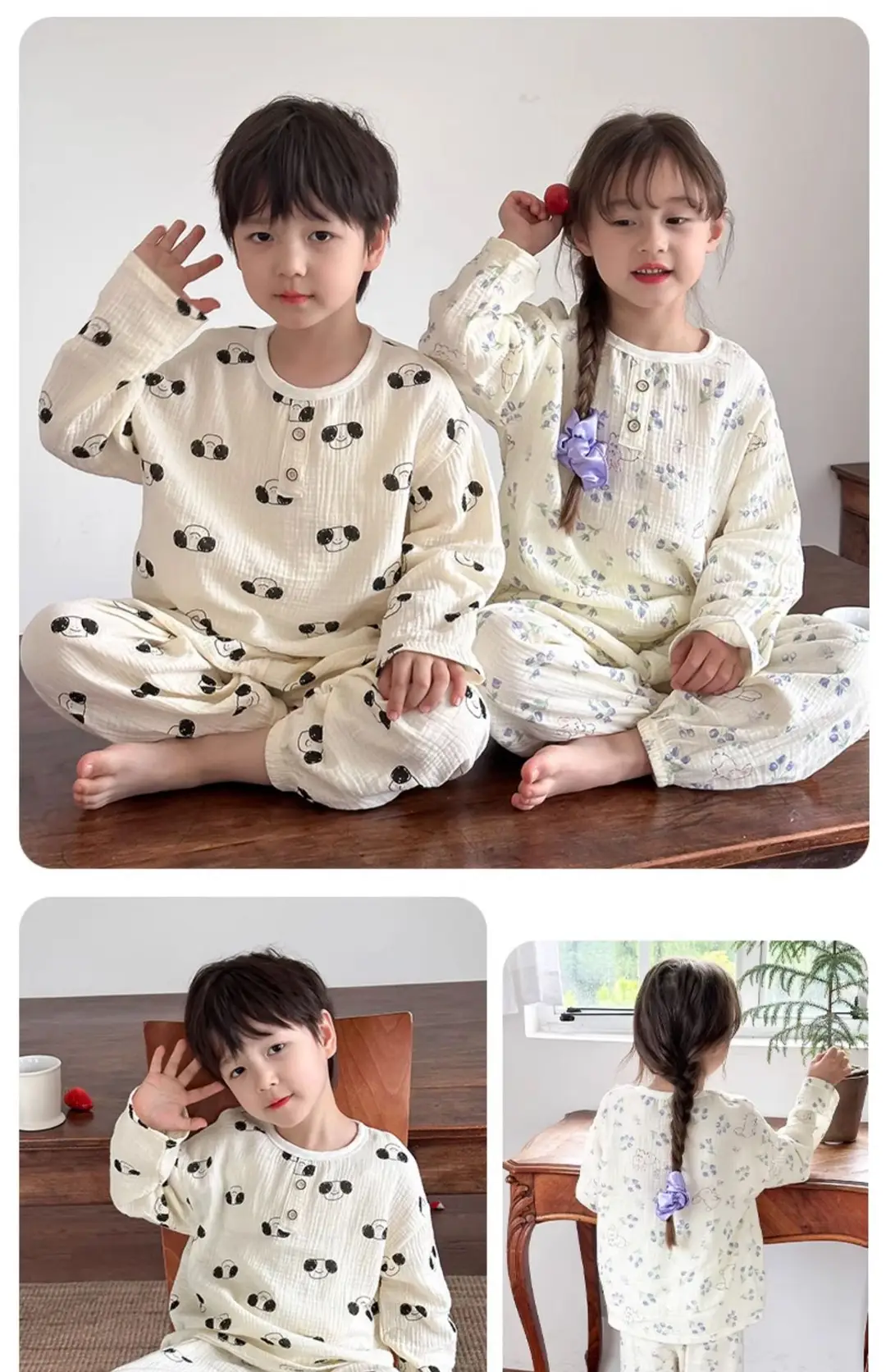 Children's Pajamas Spring and Summer Cotton Home Clothes suit New Boys and Girls Spring Clothes Baby Summer Gauze Long Sleeve — feature 14
