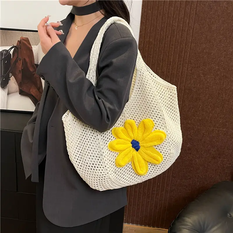 Women Woven Floral Shoulder Bag Yellow Blue Flower - Image 4
