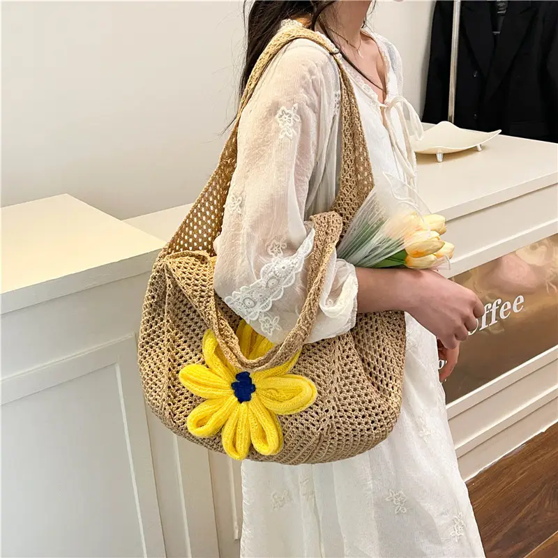 Women Woven Floral Shoulder Bag Yellow Blue Flower - Image 5