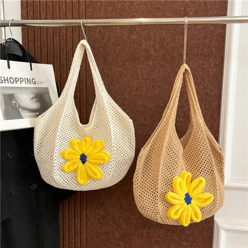 Women Woven Floral Shoulder Bag Yellow Blue Flower - Image 6