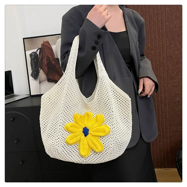 Women Woven Floral Shoulder Bag Yellow Blue Flower — feature 17