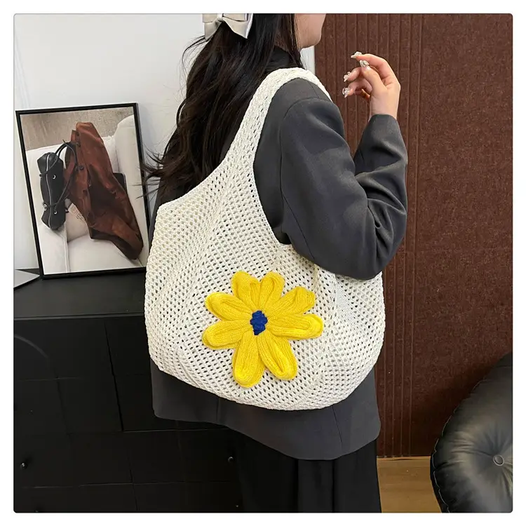 Women Woven Floral Shoulder Bag Yellow Blue Flower — feature 18