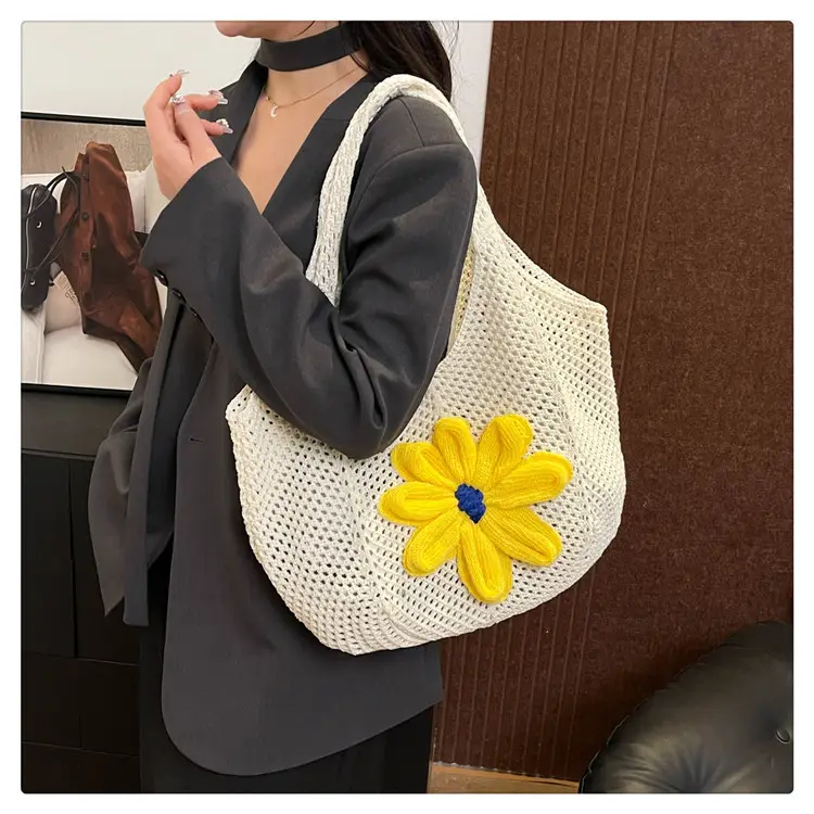 Women Woven Floral Shoulder Bag Yellow Blue Flower — feature 19