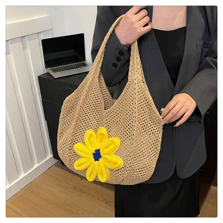 Women Woven Floral Shoulder Bag Yellow Blue Flower — feature 21