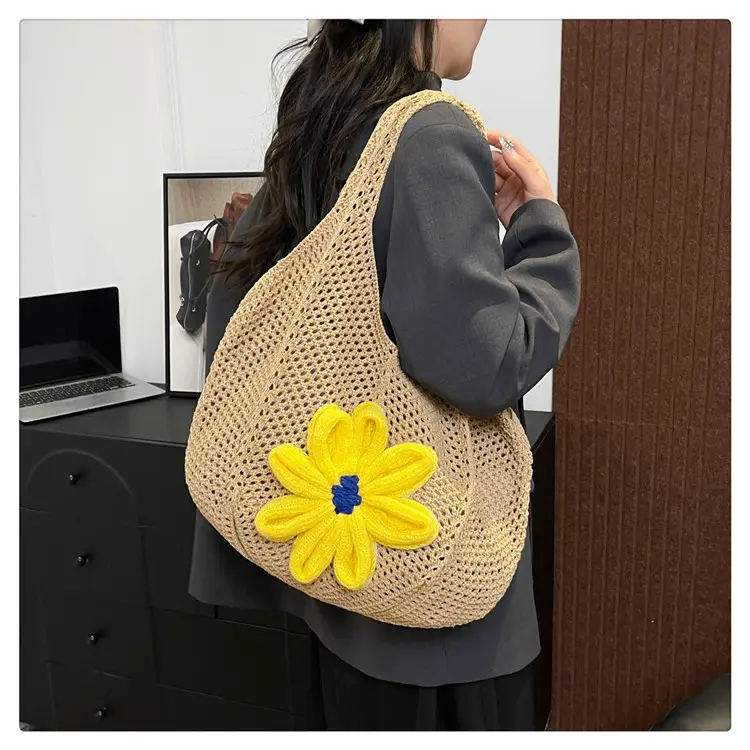 Women Woven Floral Shoulder Bag Yellow Blue Flower — feature 22