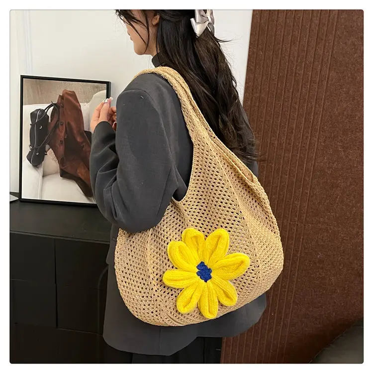 Women Woven Floral Shoulder Bag Yellow Blue Flower — feature 23