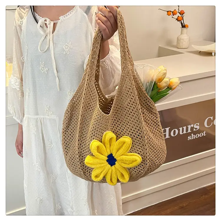 Women Woven Floral Shoulder Bag Yellow Blue Flower — feature 24