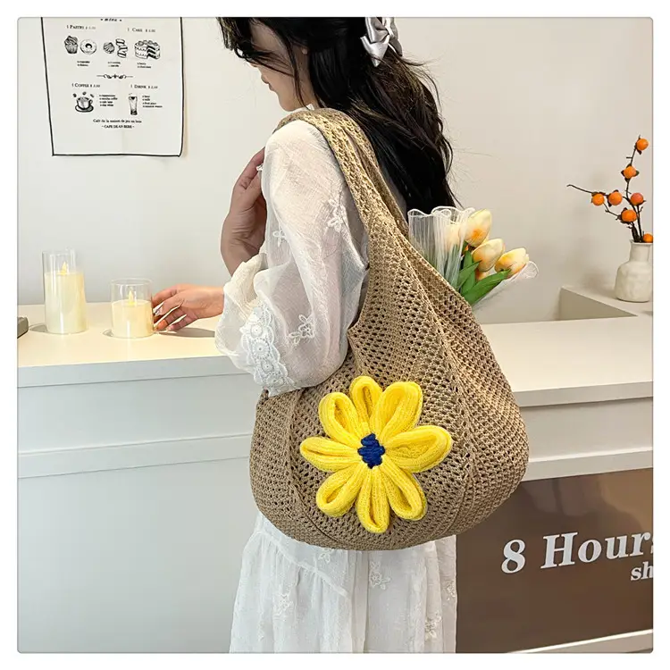 Women Woven Floral Shoulder Bag Yellow Blue Flower — feature 25
