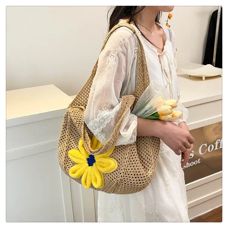 Women Woven Floral Shoulder Bag Yellow Blue Flower — feature 26