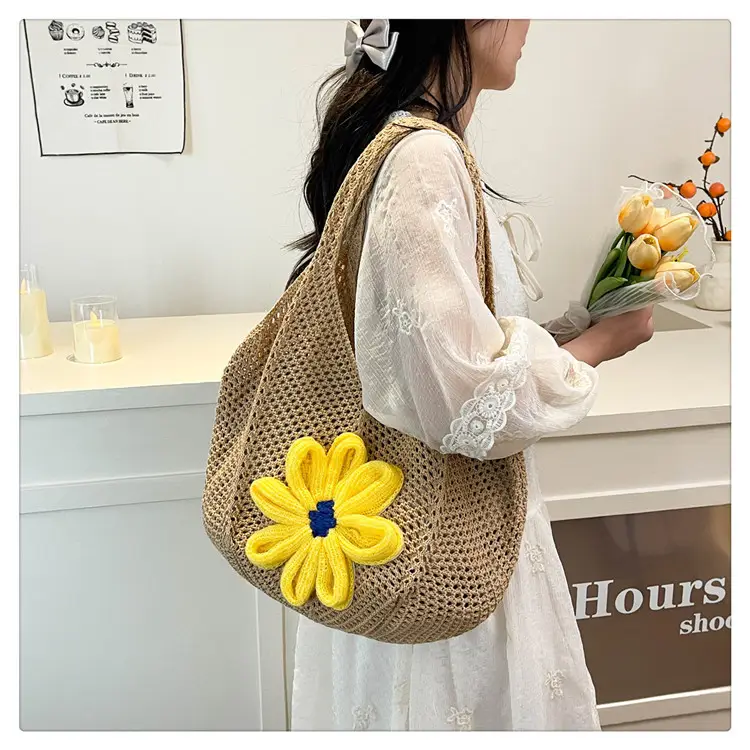Women Woven Floral Shoulder Bag Yellow Blue Flower — feature 27