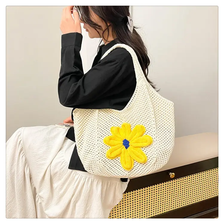 Women Woven Floral Shoulder Bag Yellow Blue Flower — feature 28