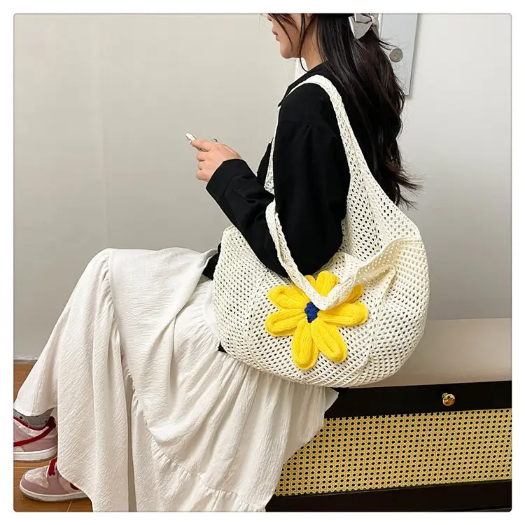 Women Woven Floral Shoulder Bag Yellow Blue Flower — feature 29