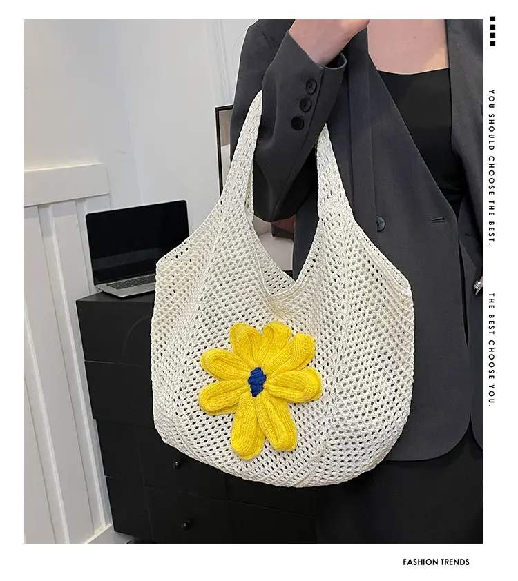 Women Woven Floral Shoulder Bag Yellow Blue Flower — feature 3