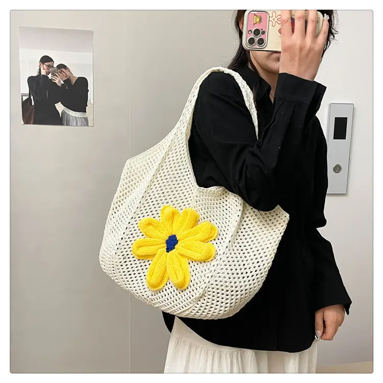 Women Woven Floral Shoulder Bag Yellow Blue Flower — feature 30