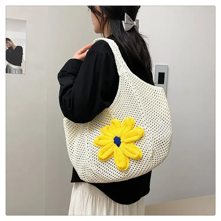 Women Woven Floral Shoulder Bag Yellow Blue Flower — feature 31