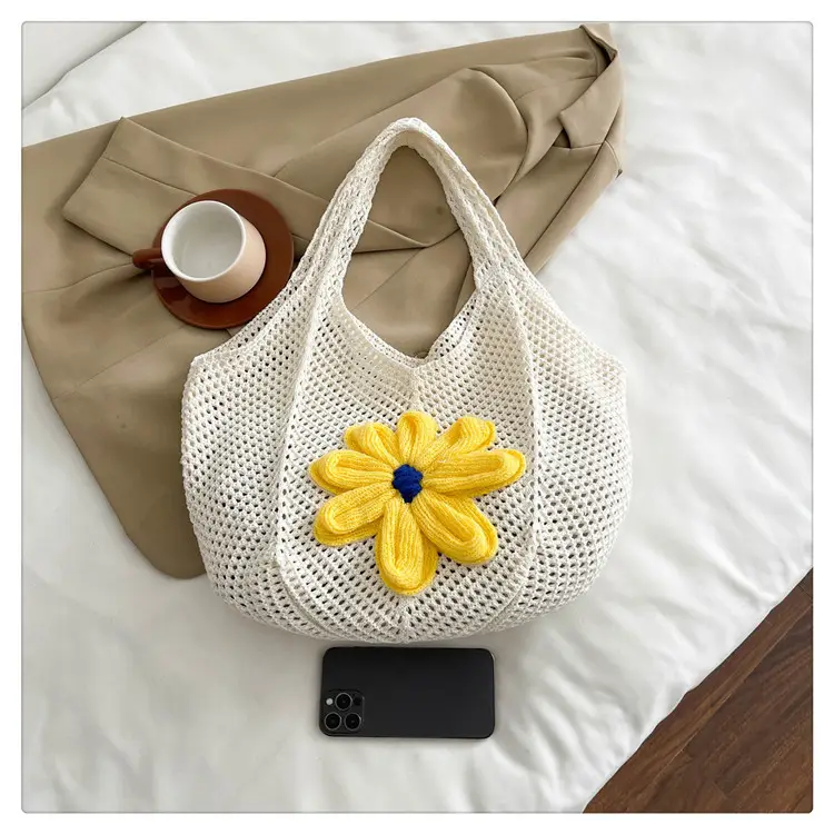 Women Woven Floral Shoulder Bag Yellow Blue Flower — feature 34