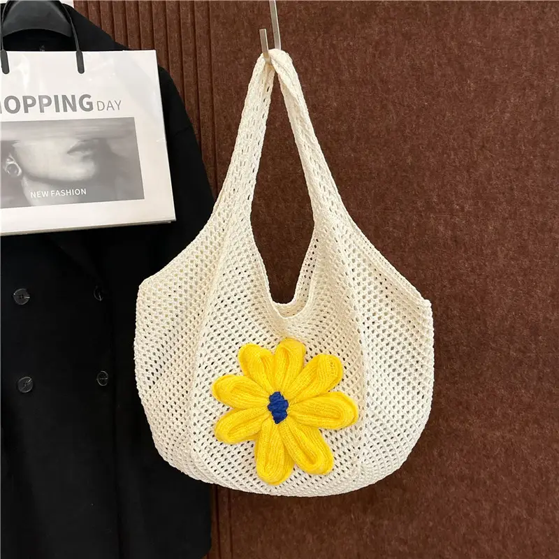 Women Woven Floral Shoulder Bag Yellow Blue Flower - Image 2