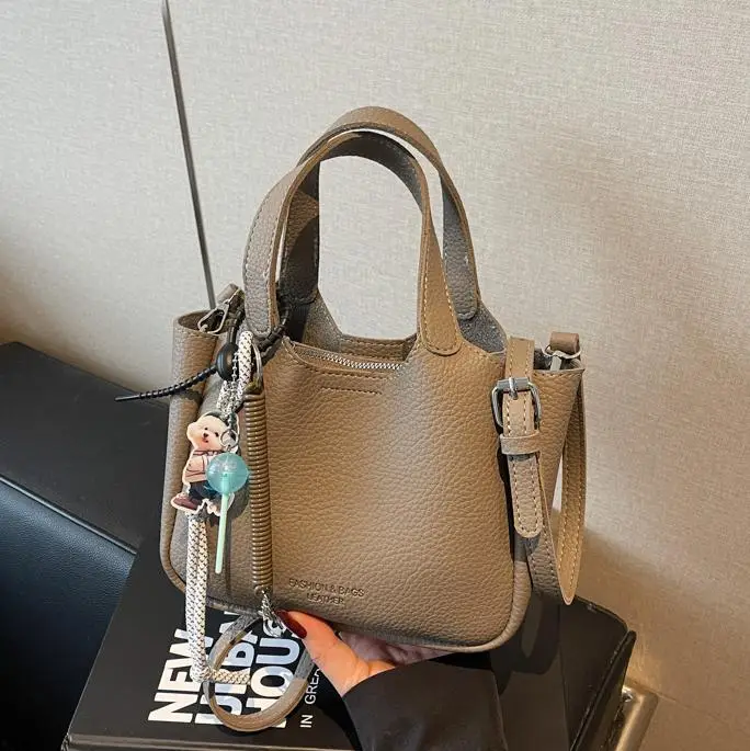Women's Beige Crossbody Handbag with Keychain - Image 7