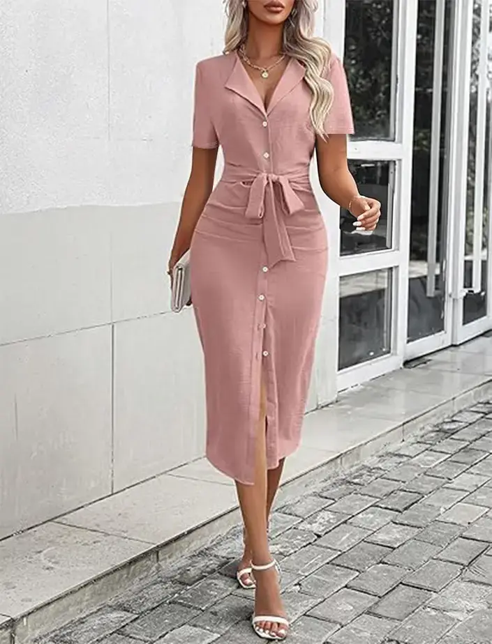 2025 Beige Lace Split Dress with Belted Waist - Image 2