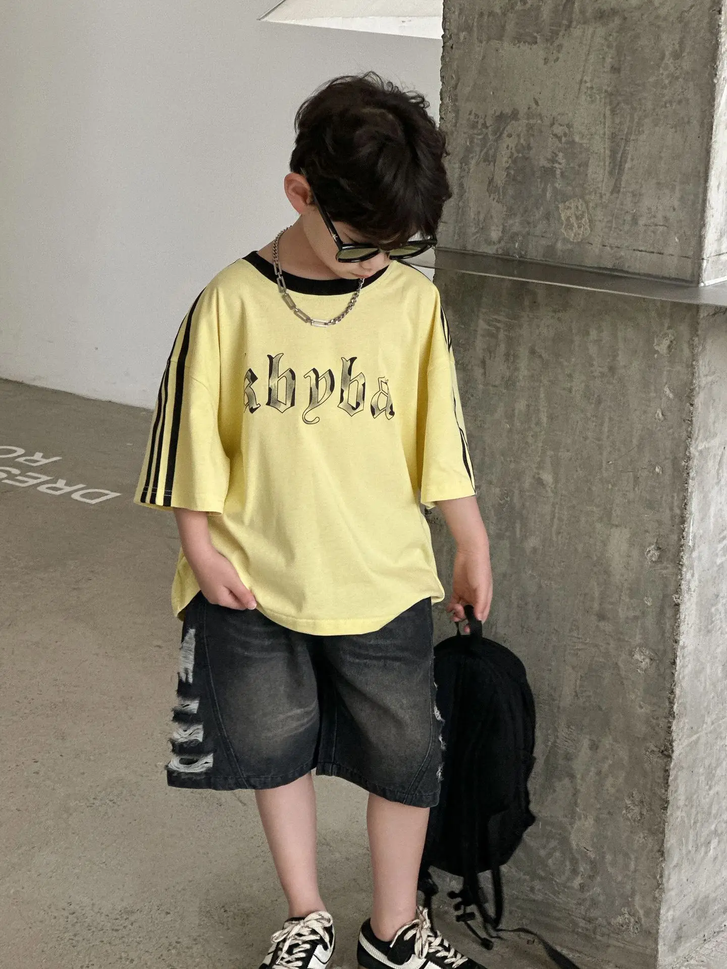 2025 Boys Cotton Summer T-Shirt Yellow Black Stripes - Image 3