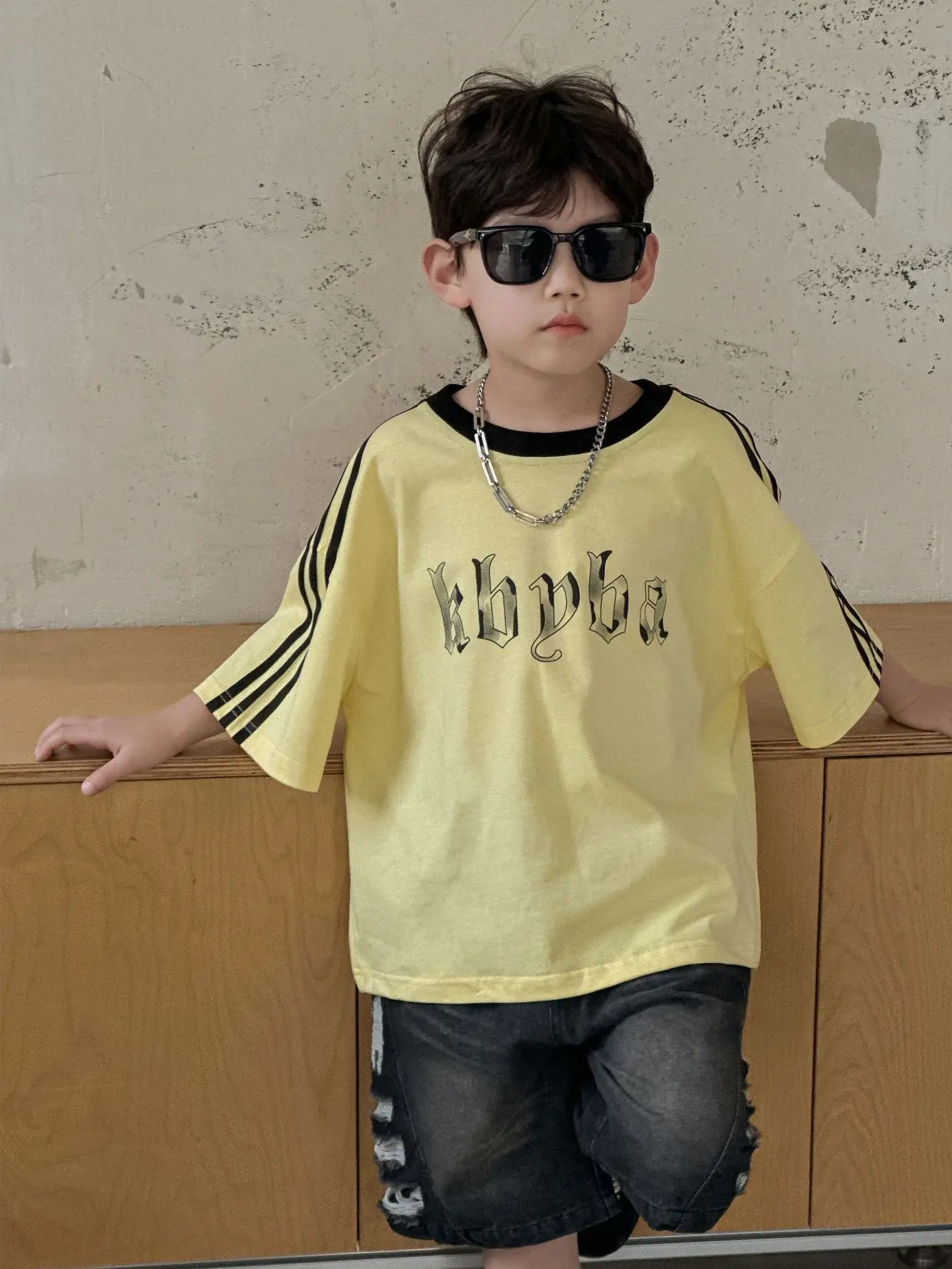 2025 Boys Cotton Summer T-Shirt Yellow Black Stripes - Image 4